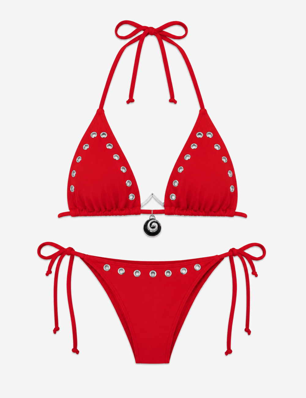 Ladies Solid Color Eyelet Detail Triangle 2-Piece Bikini Set