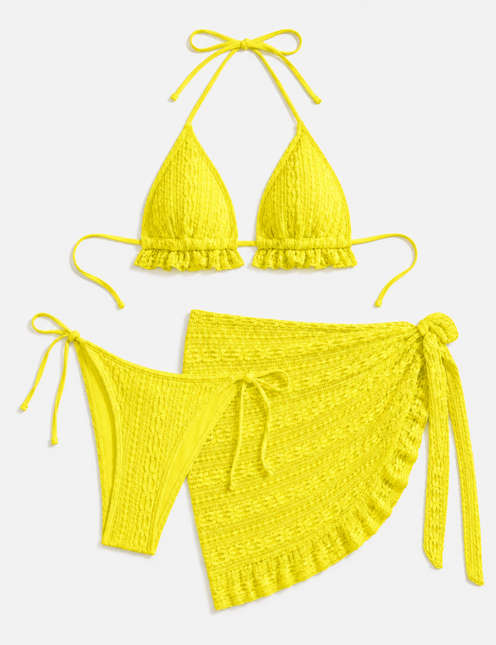 Ladies Solid Color Crochet Triangle Bikini Set with Cover-Up Skirt