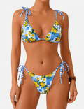 Ladies Lemon Print Striped Straps Triangle Bikini Set