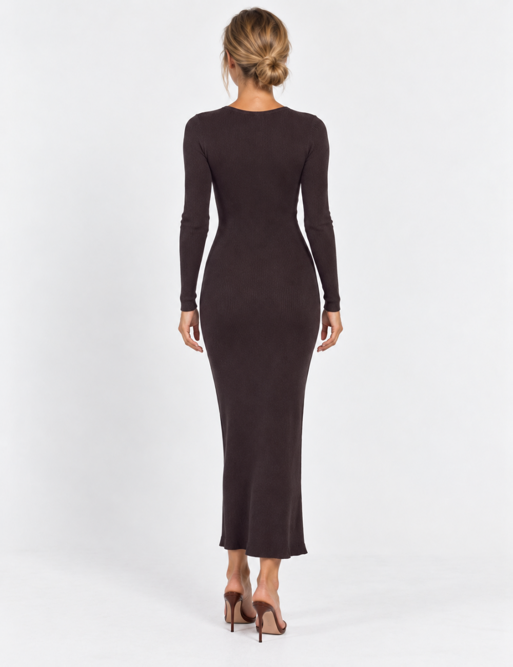 Ladies Boat Neck Ribbed Knit Bodycon Maxi Dress