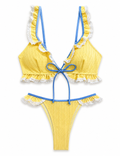 Ladies Contrast Lace Ruffle Trim V-Neck Triangle Bikini Set