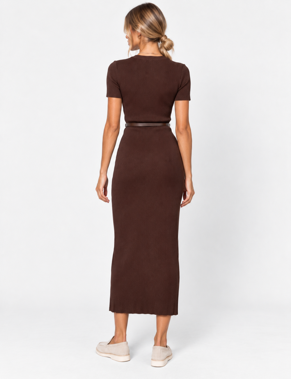 Ladies V-Neck Button Front Ribbed Knit Bodycon Midi Dress