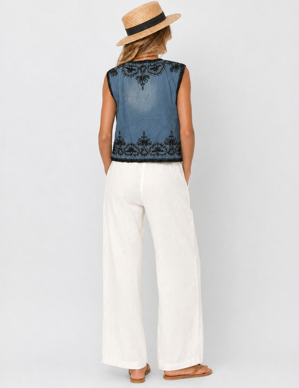 Ladies Boho Rhinestone Embroidery Button Front Denim Vest