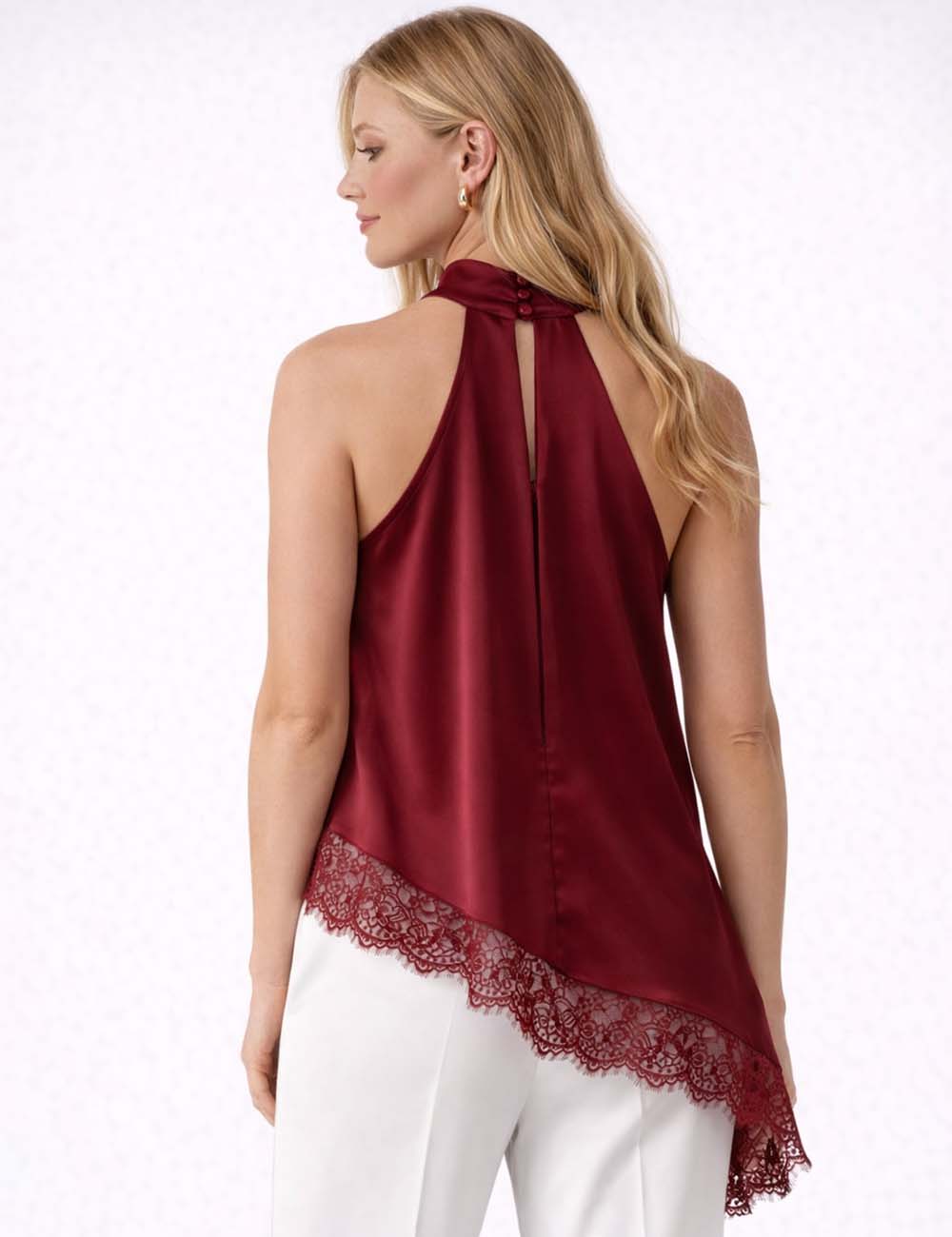 Ladies Satin Halter Neck Lace Irregular Hem Sleeveless Top