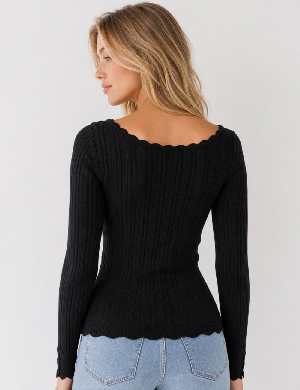 Ladies Ribbed Scoop Neck Long Sleeve Top