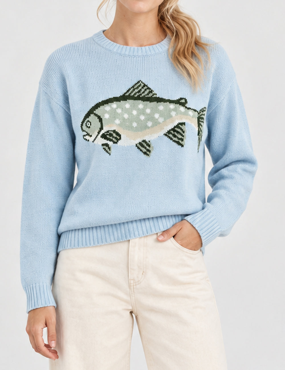 Ladies Fish Jacquard Crew Neck Cropped Knit Sweater