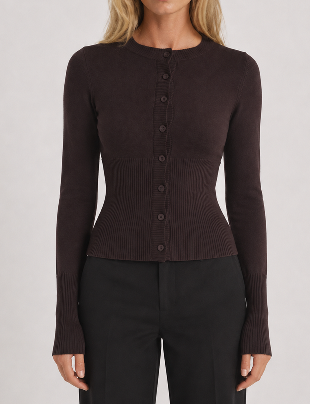 Ladies Button Front Ribbed Knit Cardigan
