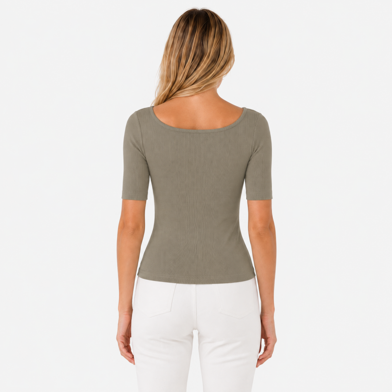 Ladies Scoop Neck Button Short Sleeve Top