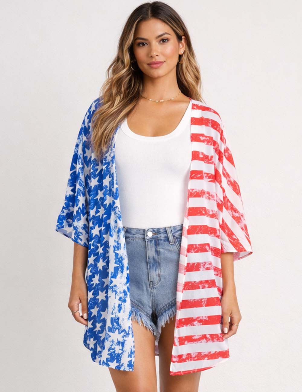 Ladies 4th of July Striped Star Print Kimono Sleeves Beach Cover Up