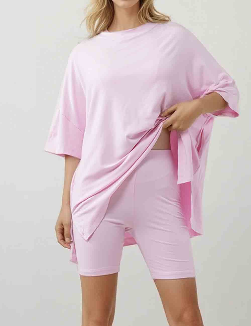 Ladies Solid Loungewear Outfits Loose Top & Slim Shorts Set
