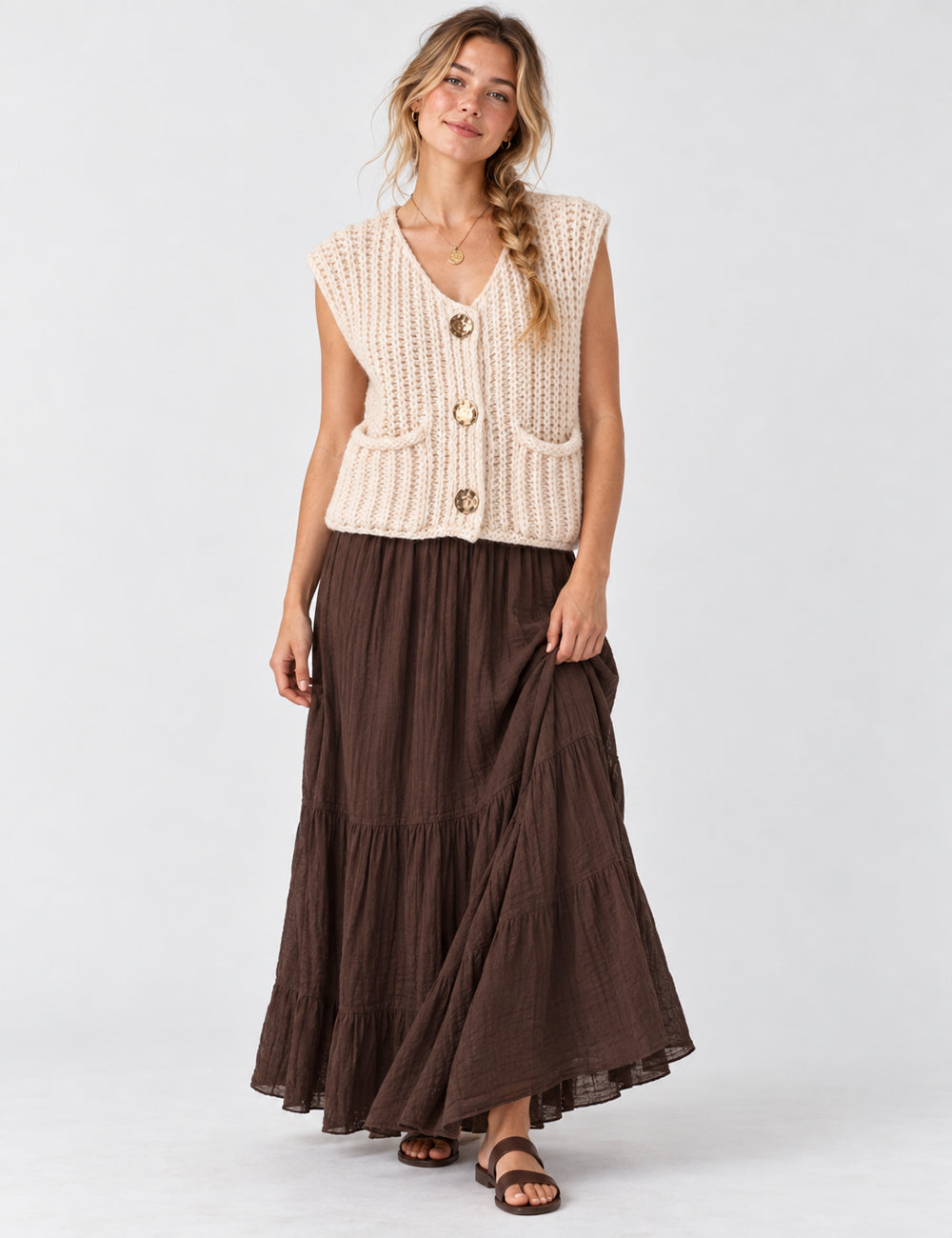 Ladies Solid Color Sleeveless Button Front Sweater Vest