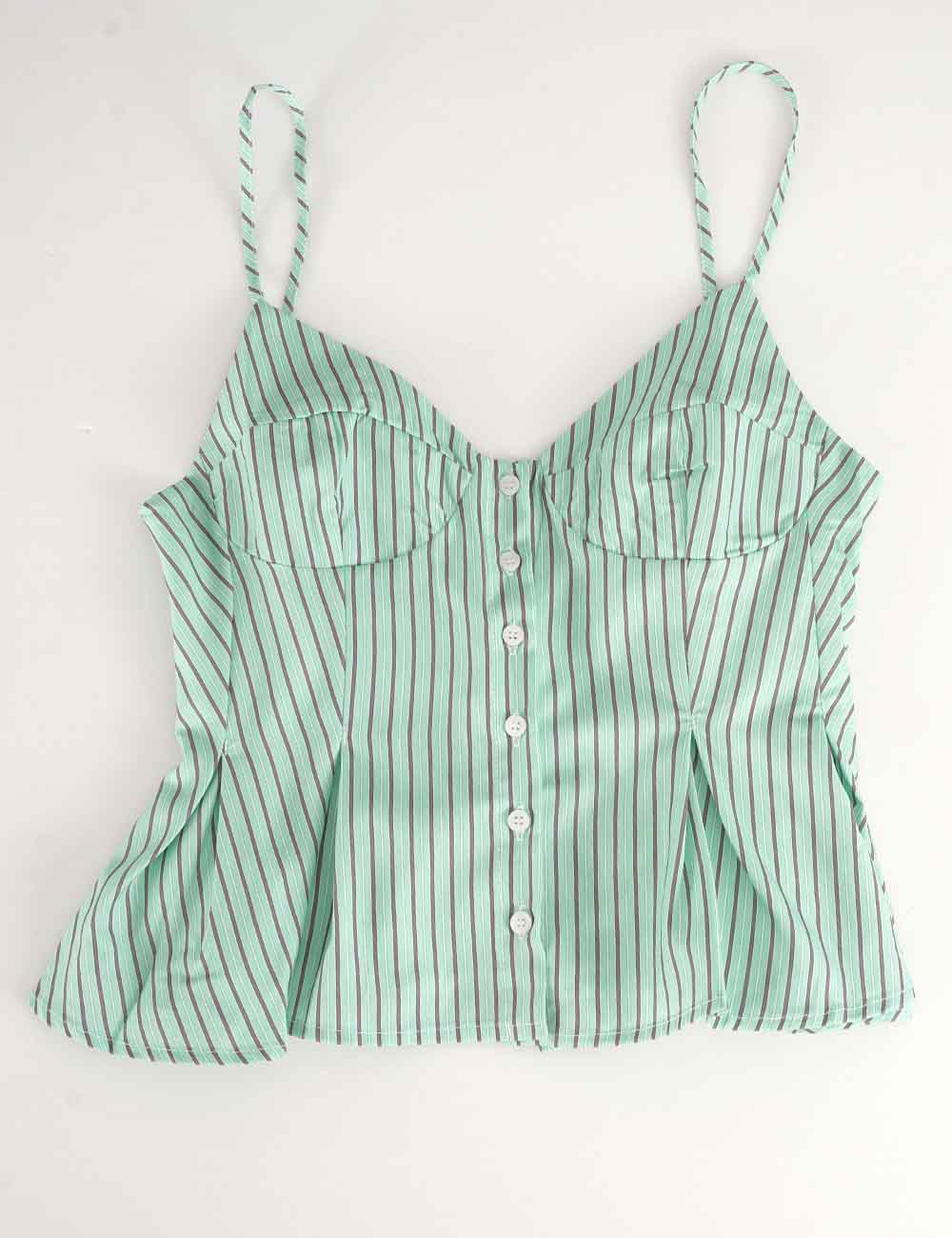 Ladies Chic Striped Spaghetti Strap Button Front Peplum Cami Top