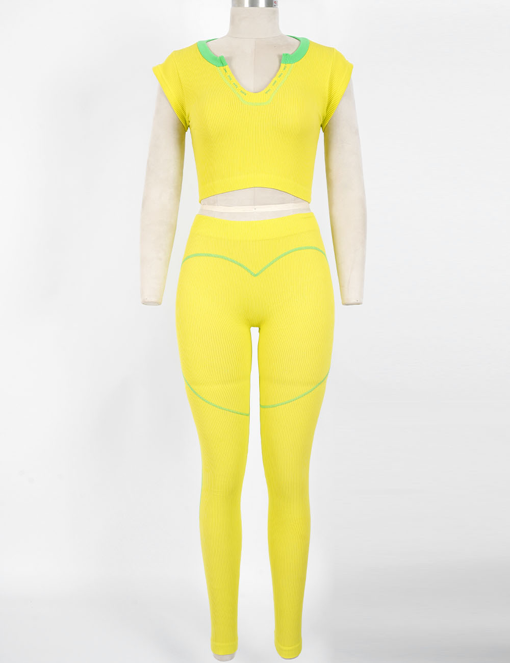 Ladies Ribbed Color Block Elastic Waist Yoga Pants