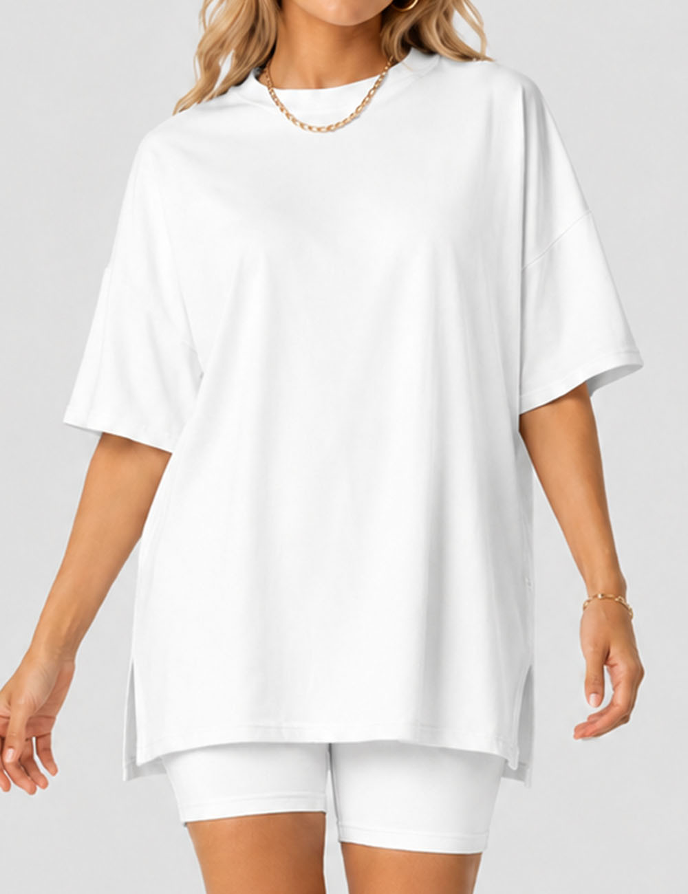 Ladies Solid Loungewear Outfits Loose Top & Slim Shorts Set