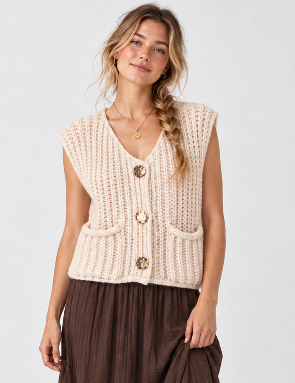 Ladies Solid Color Sleeveless Button Front Sweater Vest