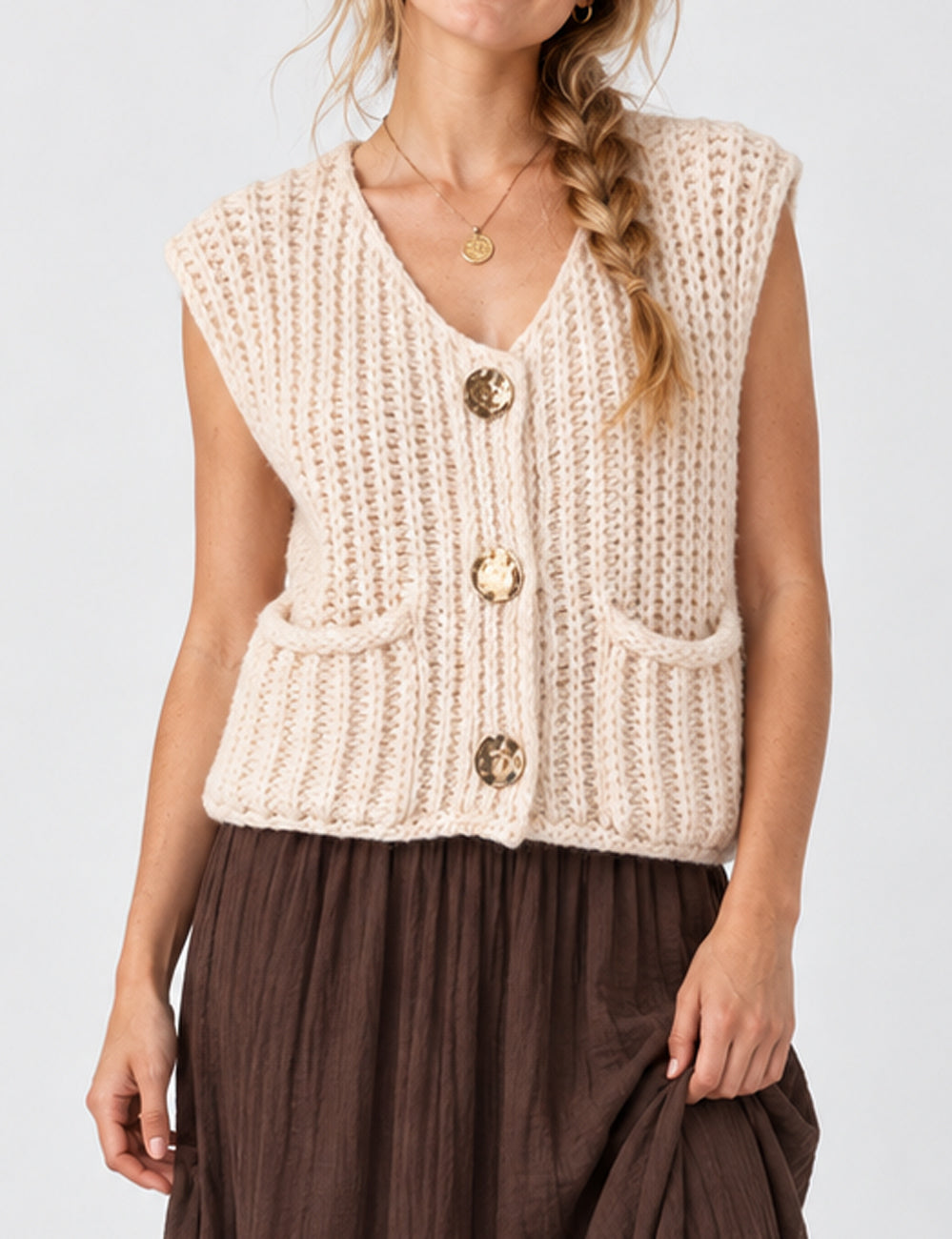 Ladies Chunky Open Knit Sweater Vest