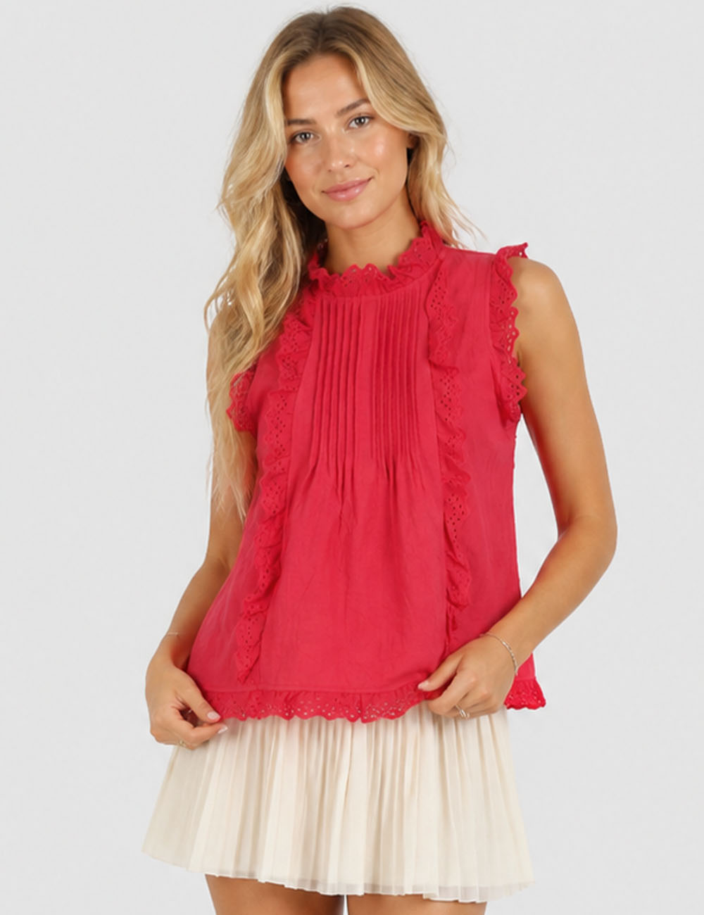 Ladies Boho Eyelet Lace Pleated Round Neck Sleeveless Babydoll Top
