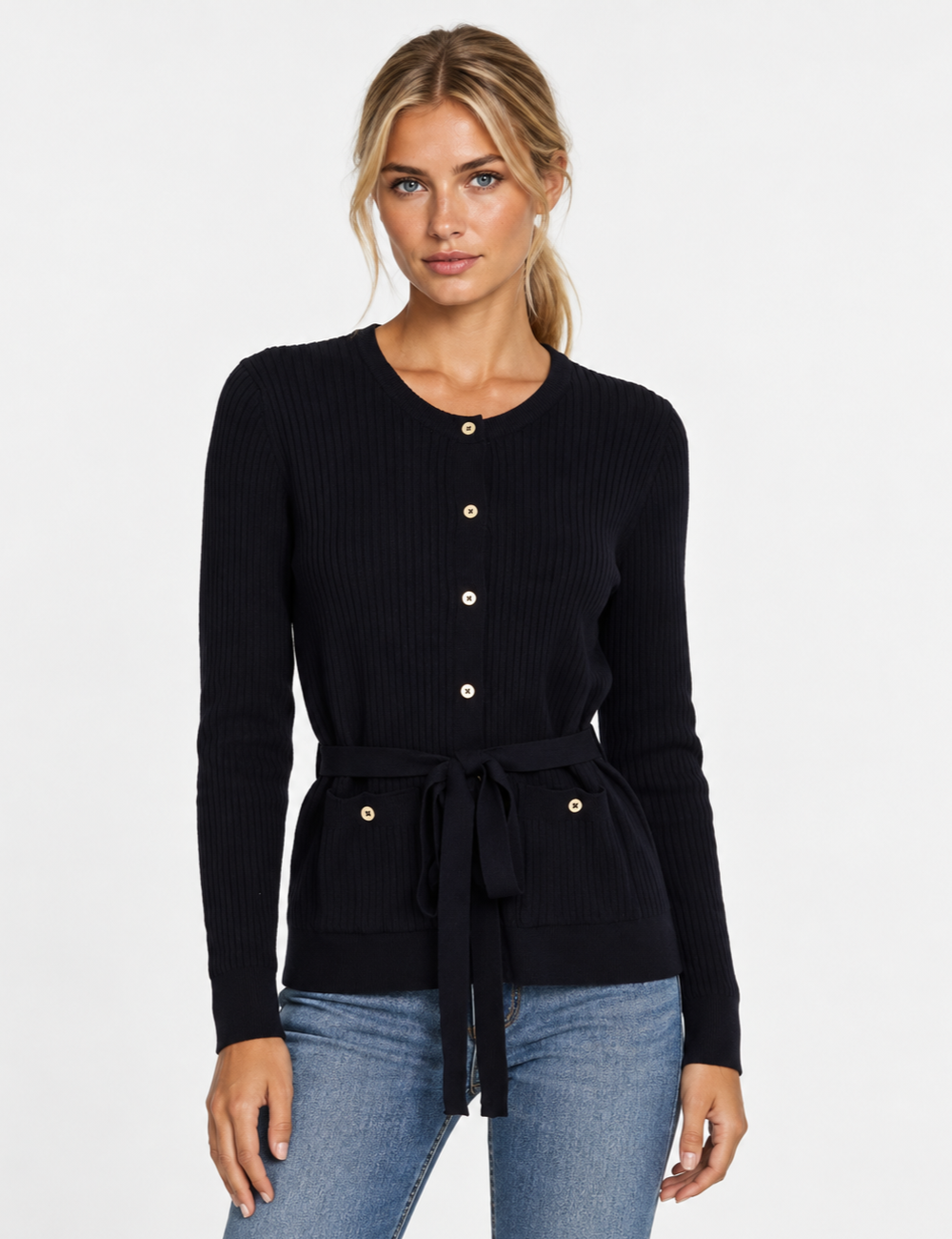 Ladies Ribbed Knit Button-Up Tie Waist Cardigan