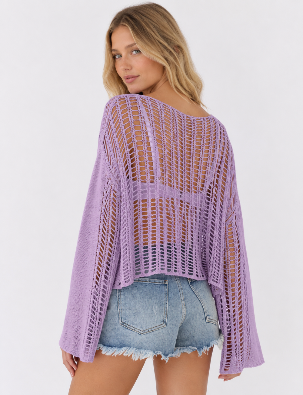Ladies Long Sleeve Knit Mesh Hollow Out Cropped Cover Up