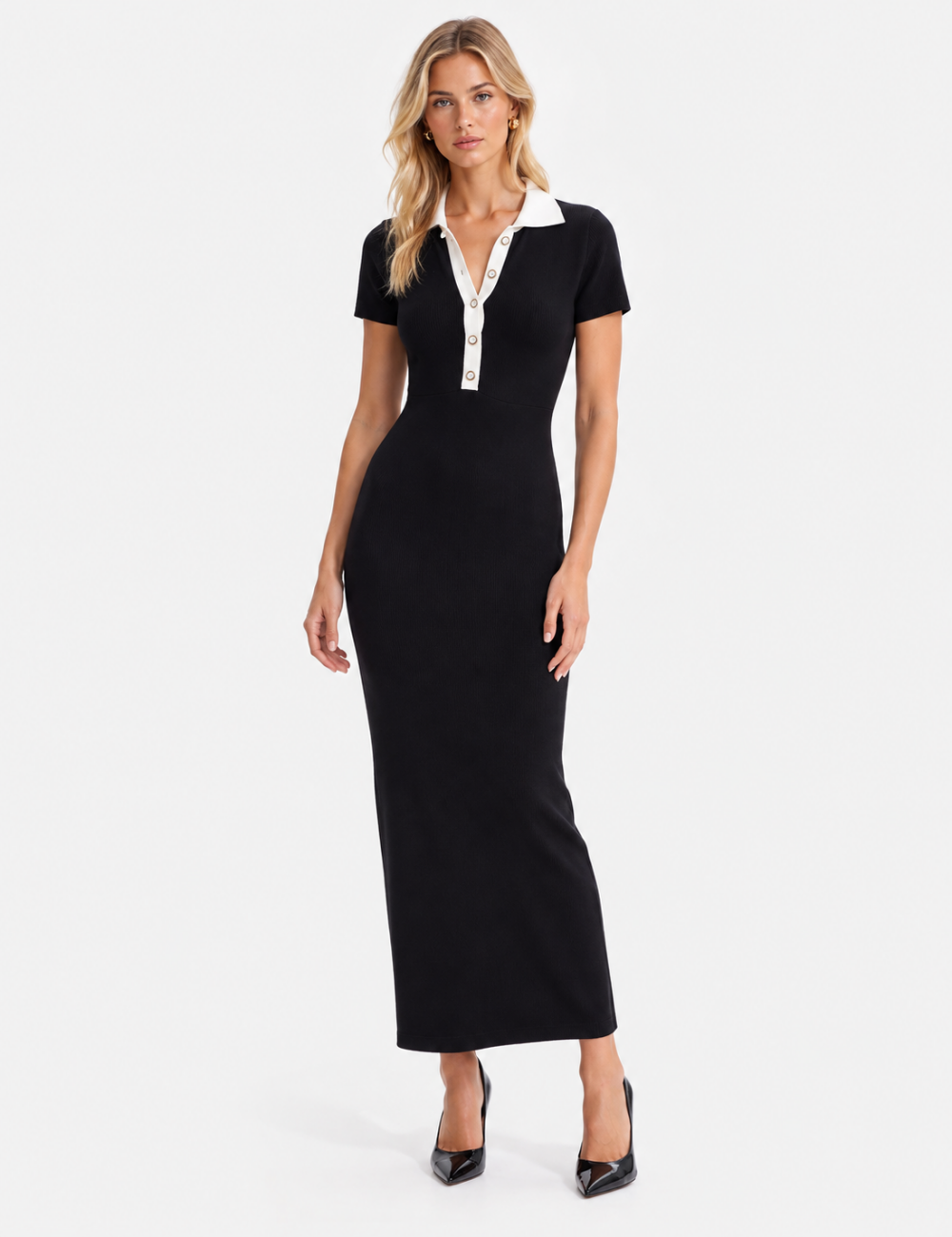 Ladies Polo Collar Button Front Bodycon Maxi Dress