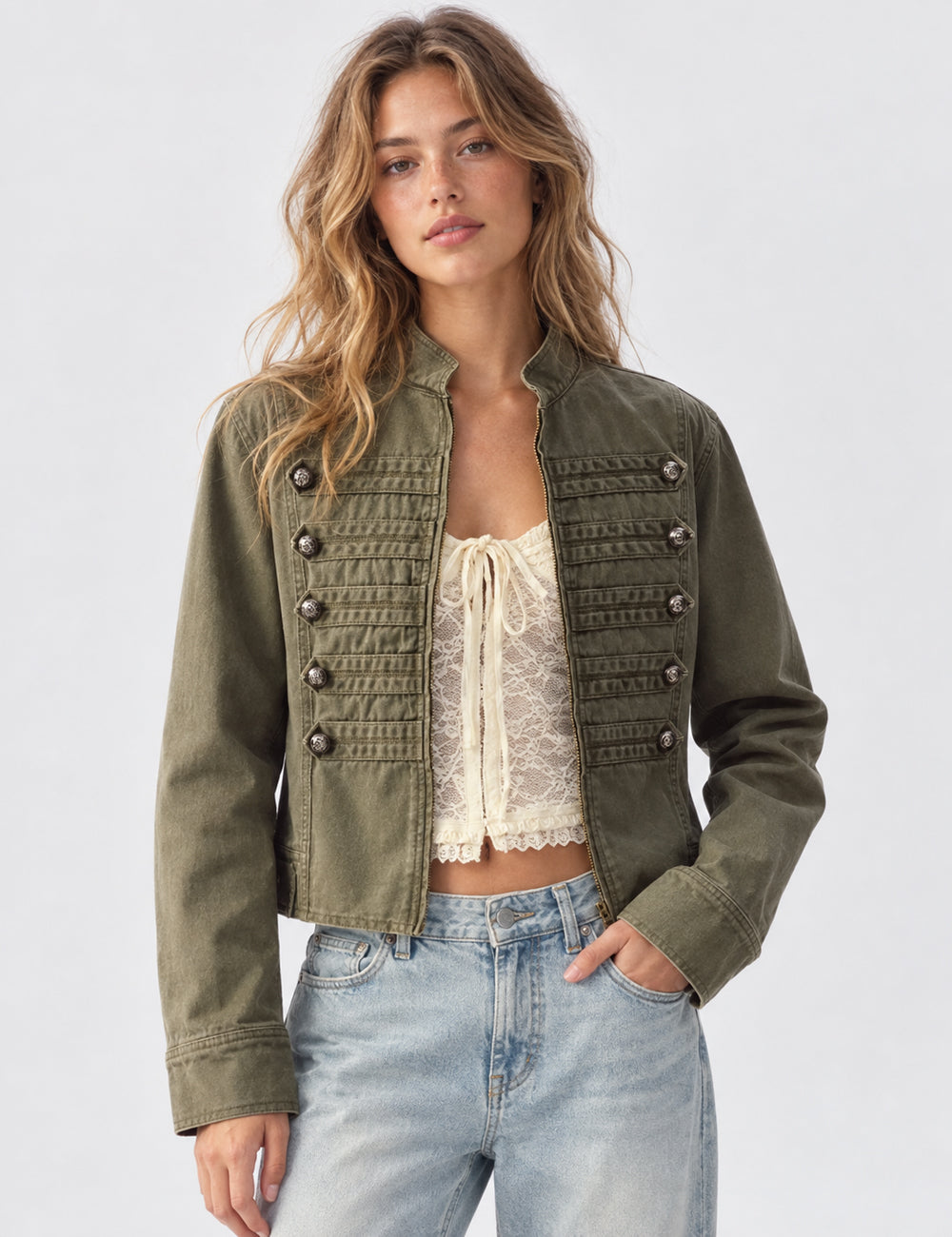 Ladies Stand Collar Braided Trim Double Breasted Cropped