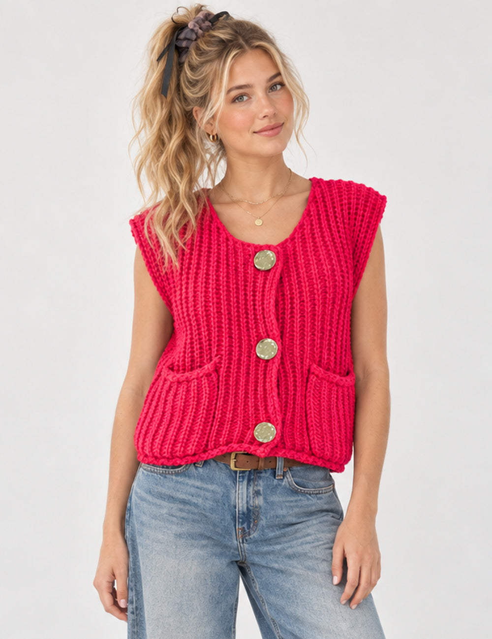 Ladies Chunky Open Knit Sweater Vest