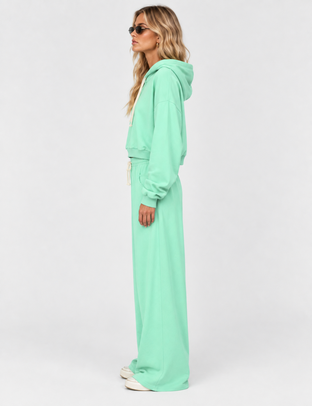 Ladies Drawstring Hooded Crop Sweatshirt Wide Leg Pants 2PCS Set