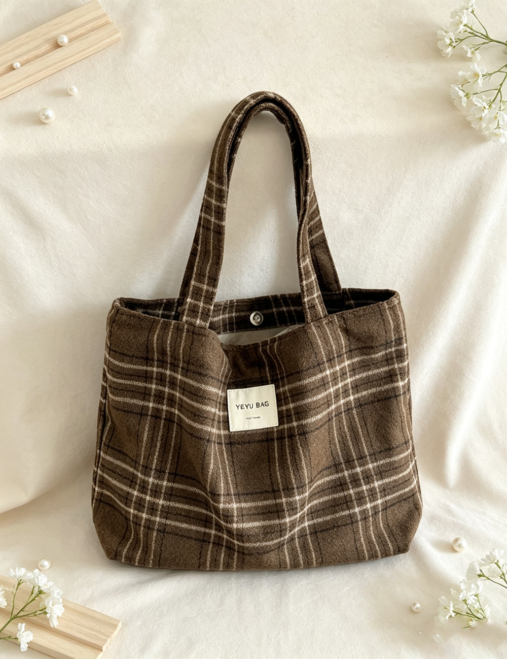 Ladies Vintage Plaid Shoulder Tote Bag