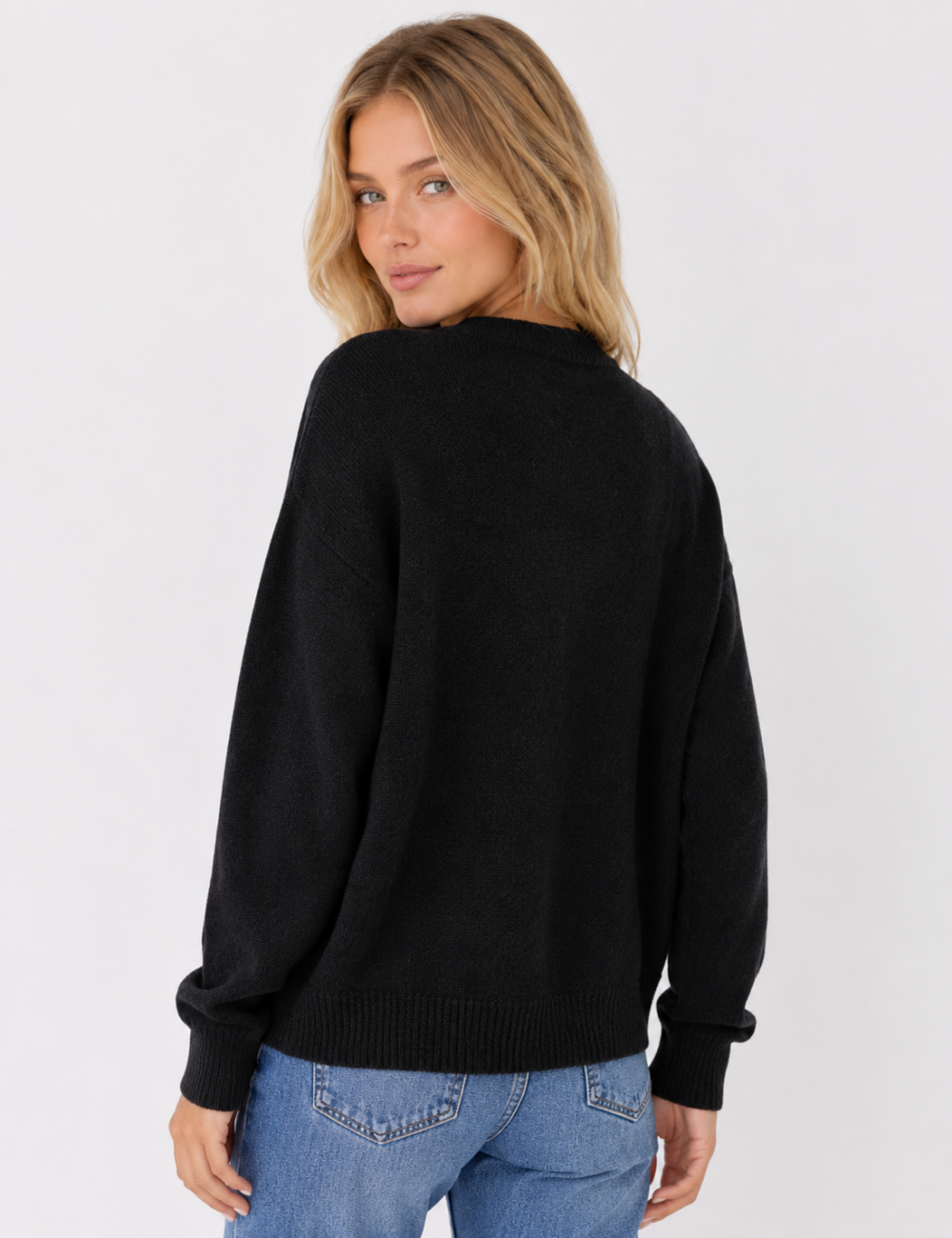 Ladies Button Round Neck Long Sleeve Sweater