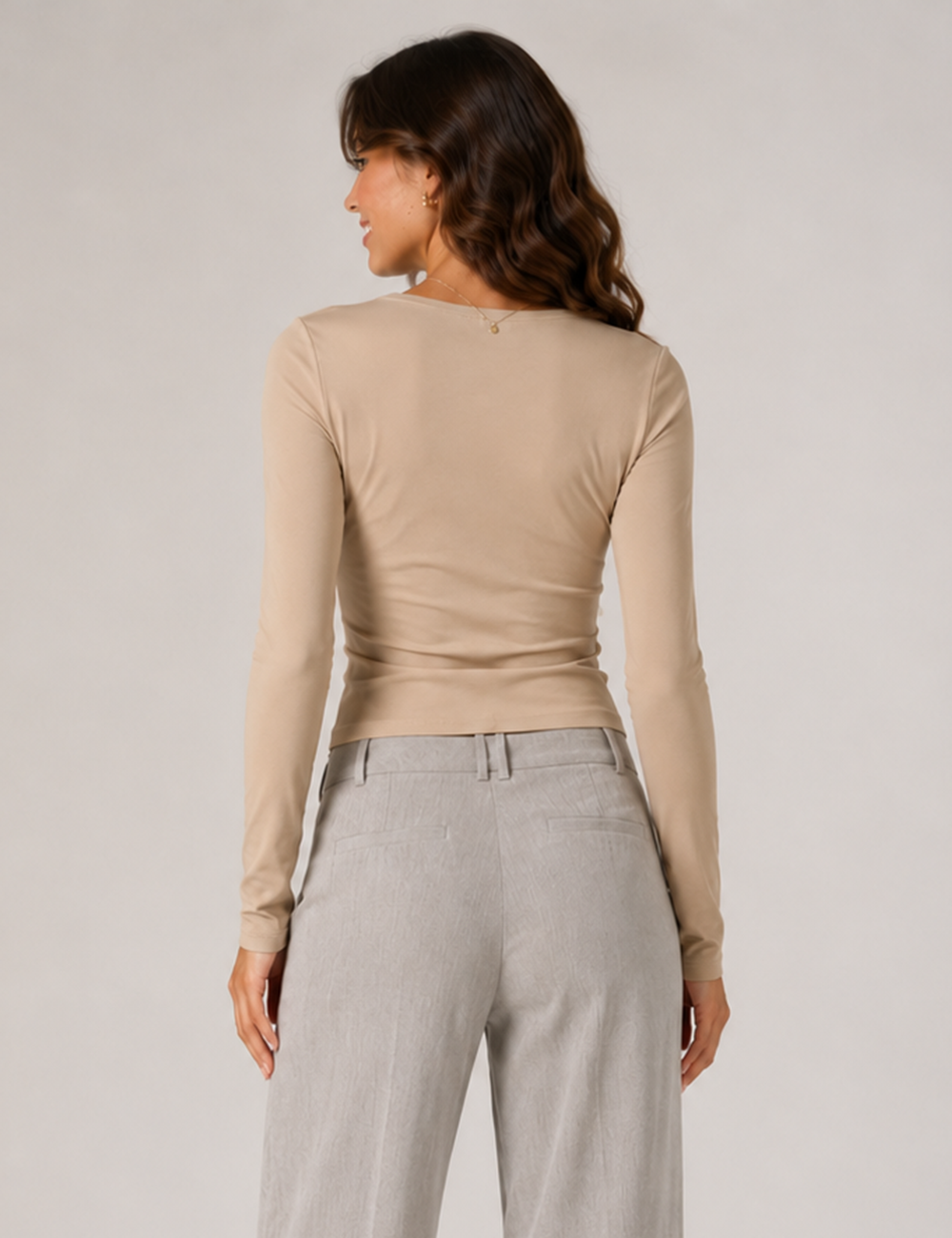 Ladies Elegant Solid Ruched Twist Front Long Sleeve Top