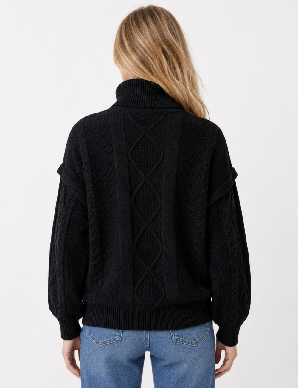 Ladies Turtleneck Cable Knit Drop Shoulder Sweater