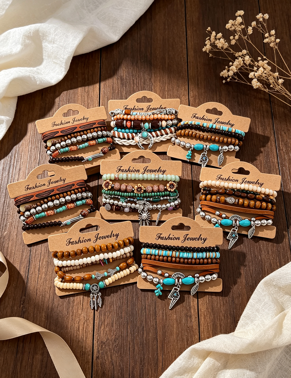 Ladies Beaded Charm Layered 5PCS Bracelet Set
