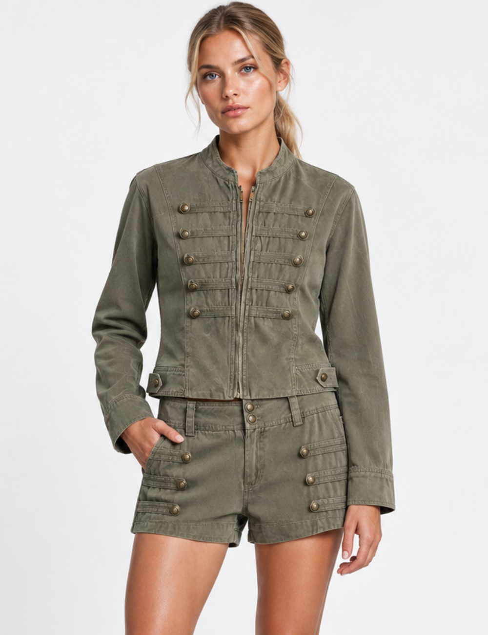 Ladies Stand Collar Braided Trim Double Breasted Cropped