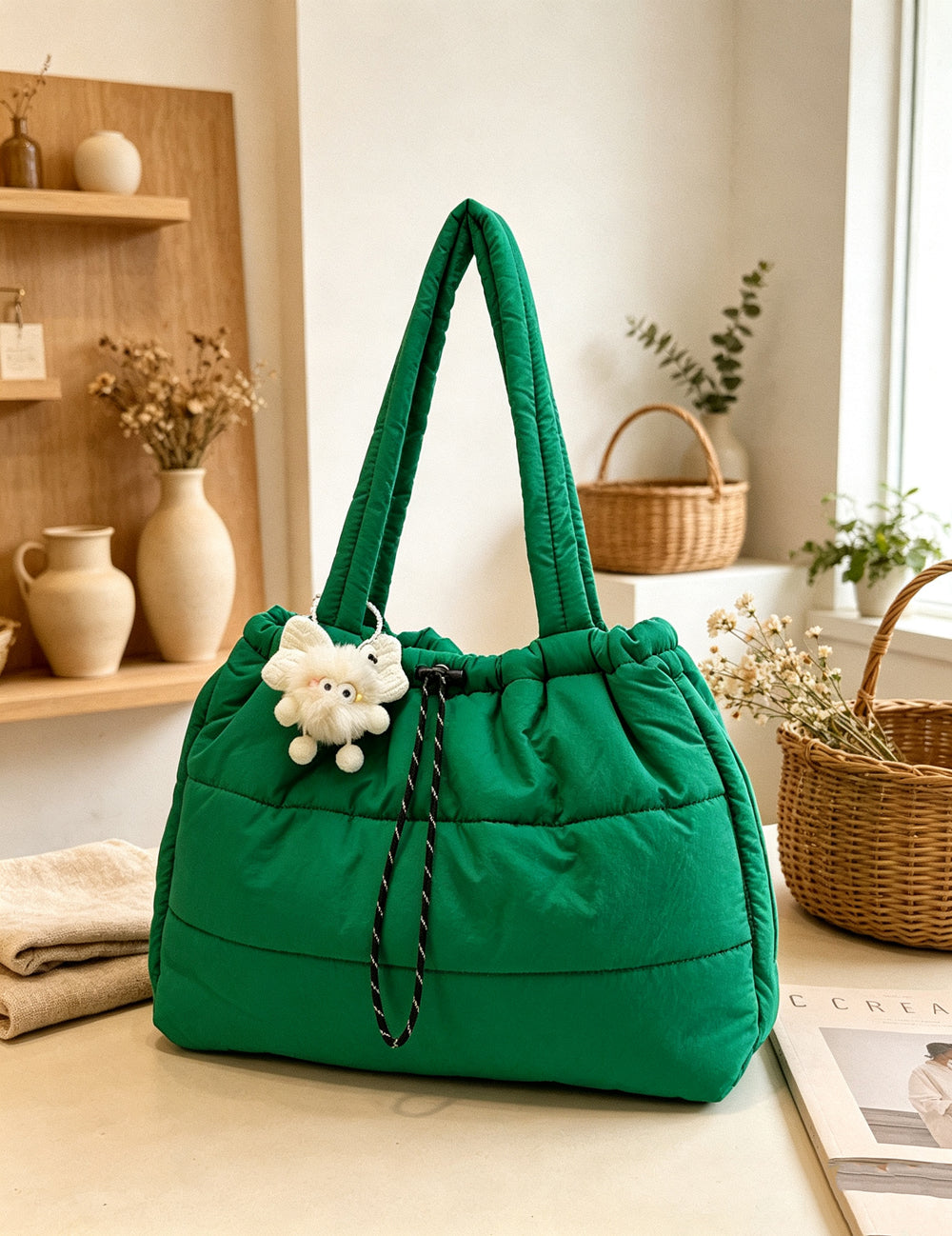 Ladies Drawstring Puffy Quilted Padded Nylon Shoulder Tote Bag