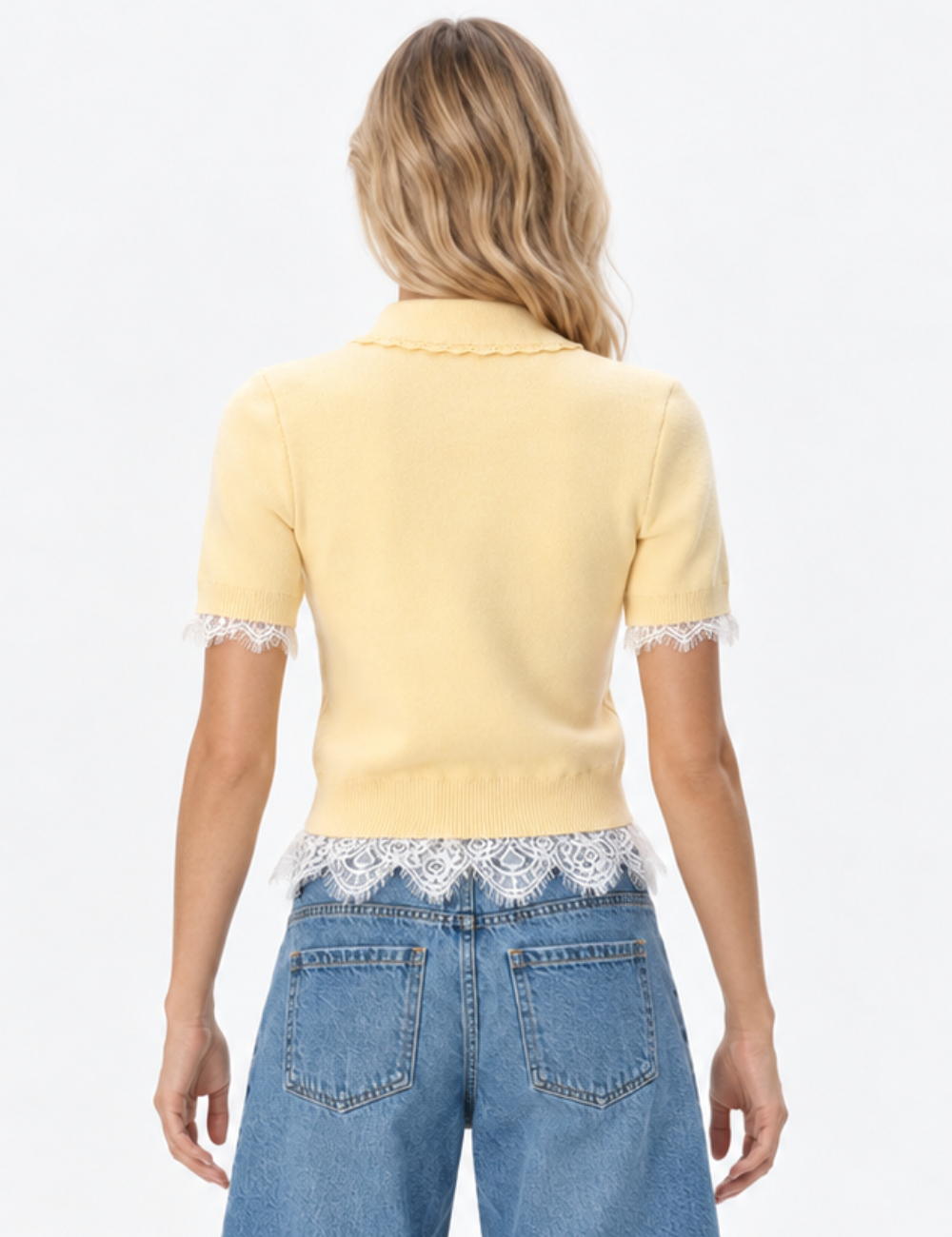 Ladies Polo Neck Lace Patchwork Short Sleeves Knit Top