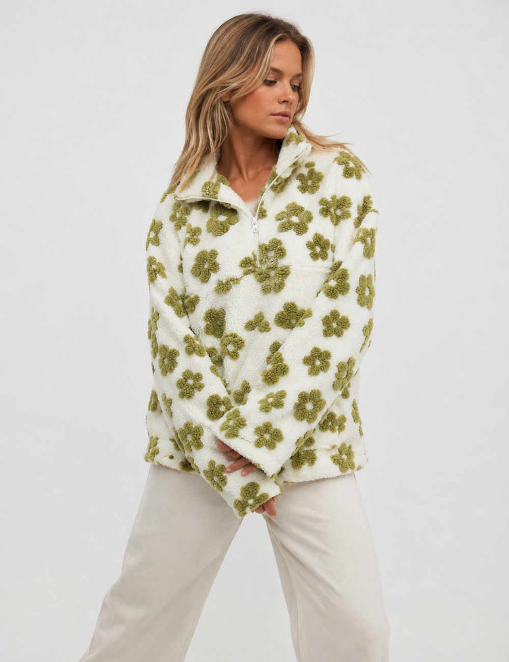Ladies Casual Floral Pattern Zipper Front Fleece Pullover Sweatshirt