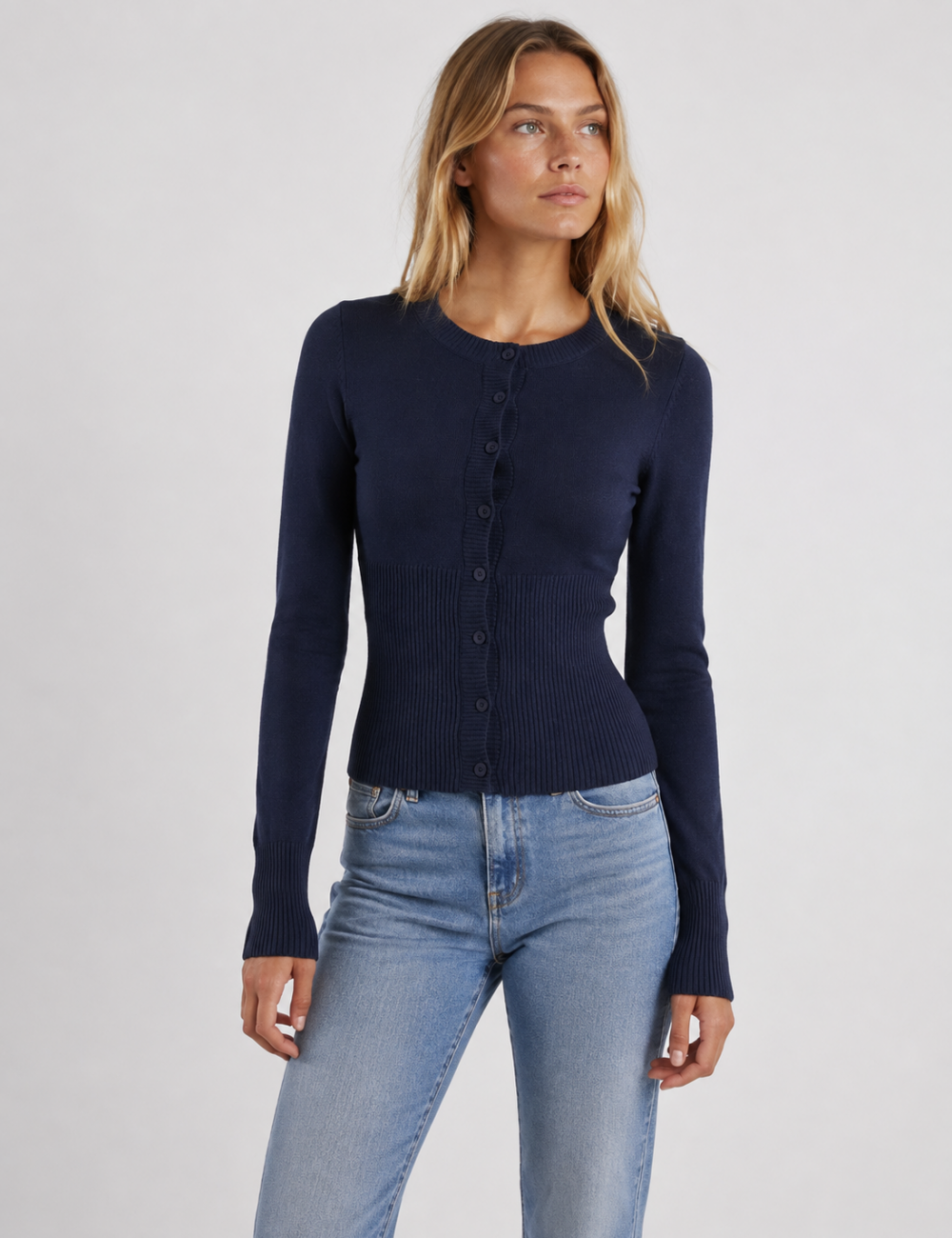 Ladies Button Front Ribbed Knit Cardigan
