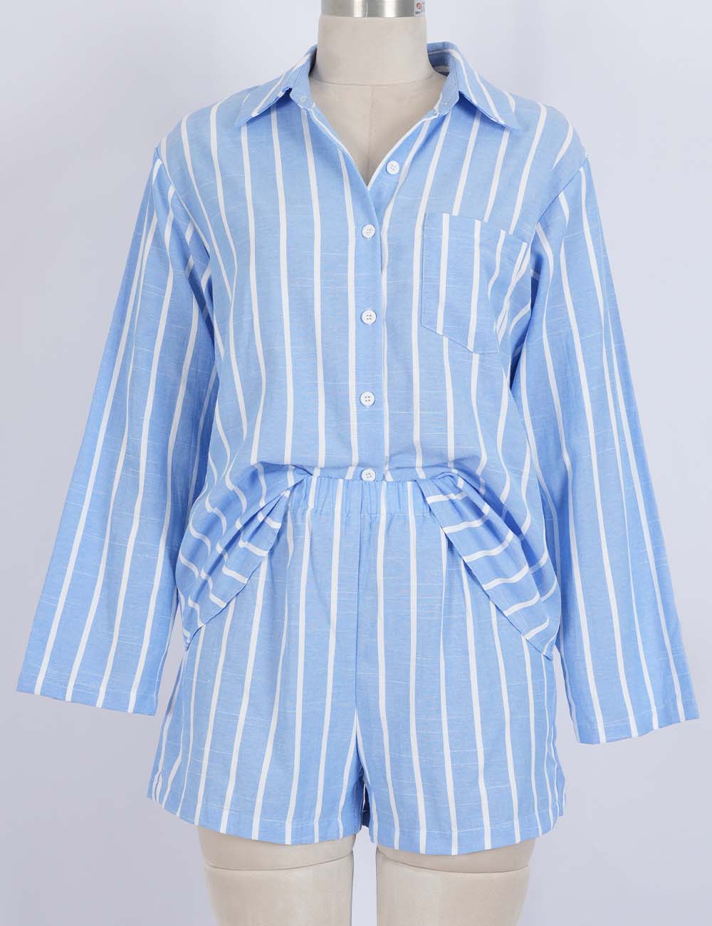 Ladies Striped Button Down Blouse & Shorts Matching Set