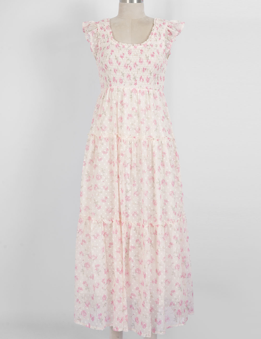 Ladies Floral Print Ruffle Sleeves Tiered Hem Smocked Maxi Dress