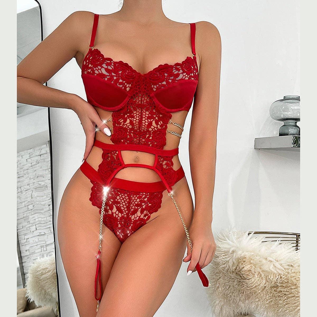 2PCS Lace Sexy Lingerie Set with Garter Belt