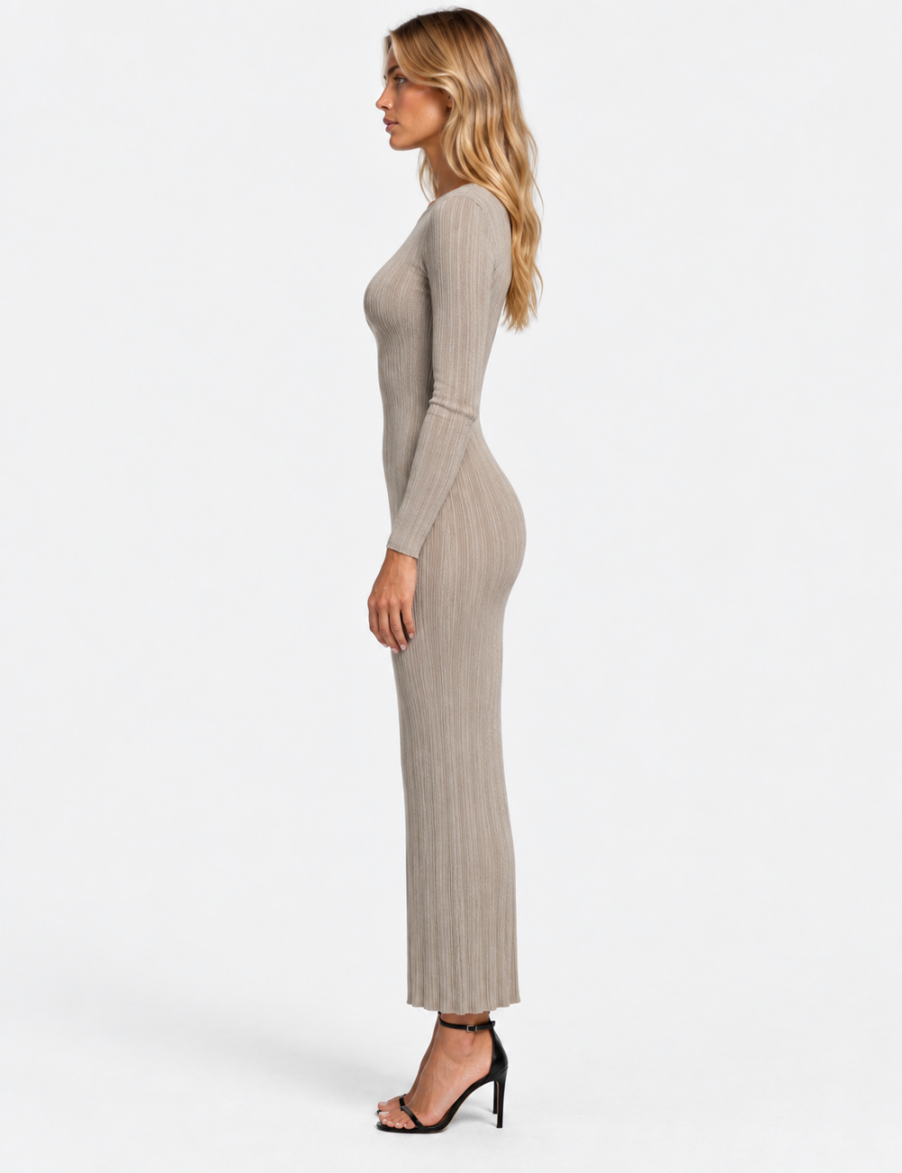 Ladies Boat Neck Ribbed Knit Bodycon Maxi Dress