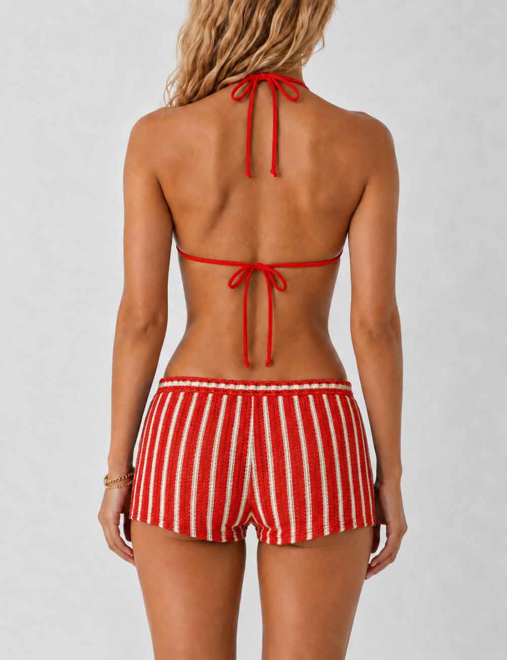 Ladies Striped Crochet Triangle 3 Piece Bikini Set With Cover Up Shorts