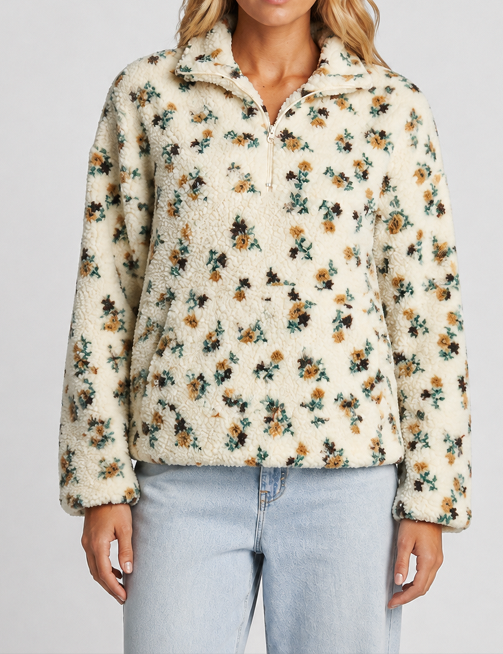 Ladies Casual Floral Pattern Zipper Front Fleece Pullover Sweatshirt