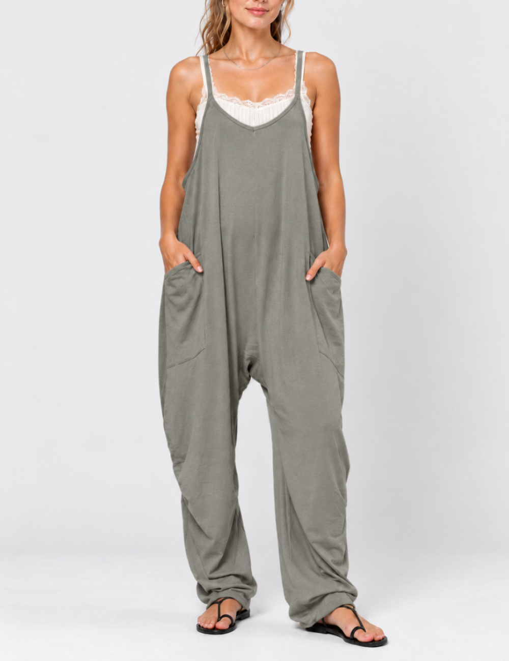 Ladies Casual V-Neck Spaghetti Strap Jumpsuit