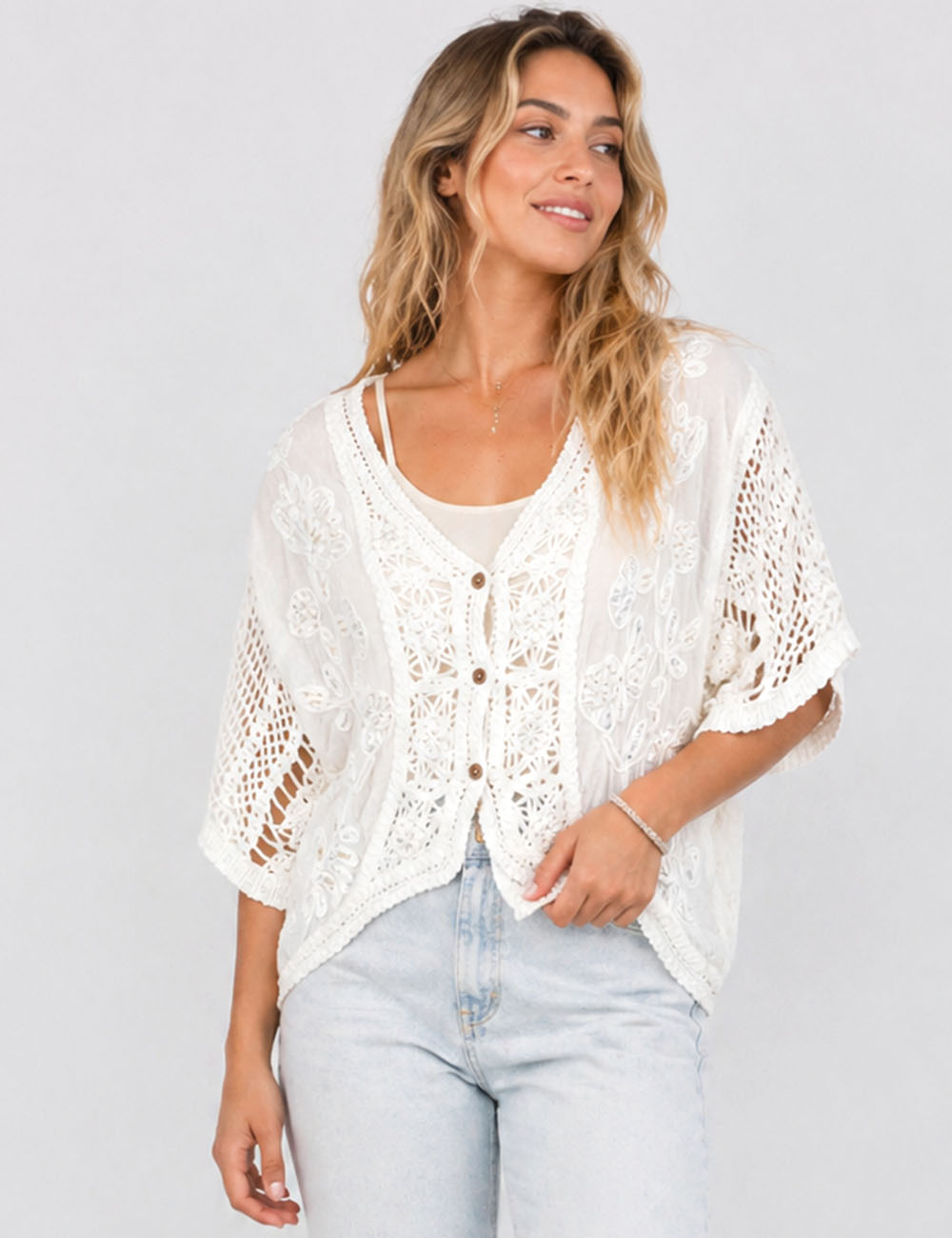 Ladies Boho Embroidery Crochet Knit Kimono Sleeves Cardigan