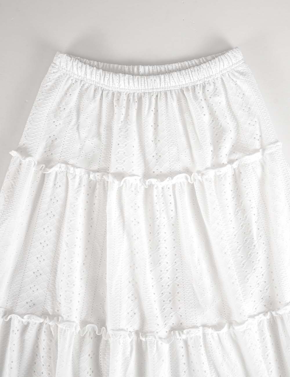 Ladies Solid Color Eyelet Tiered Ruffle  Maxi Skirt