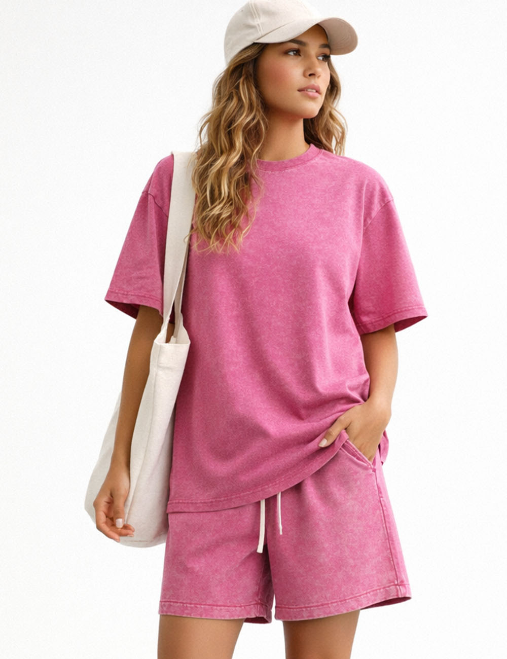 Ladies Washed Round Neck Short Sleeves T-shirt & Shorts Matching Set