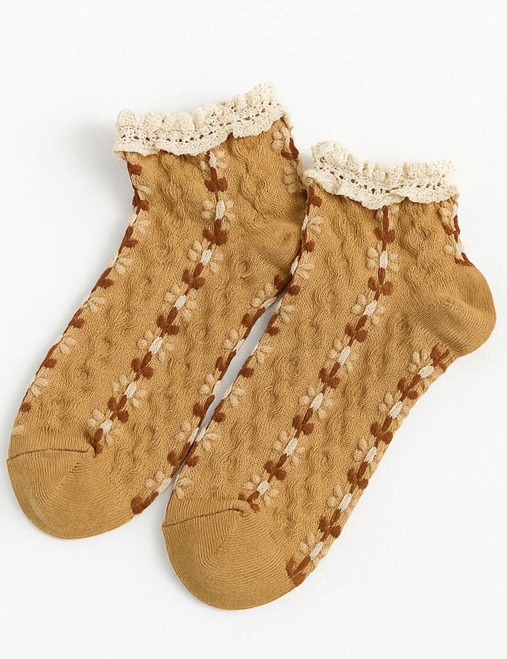 Ladies Floral Embroidery Ruffled Trim Knit Ankle Socks