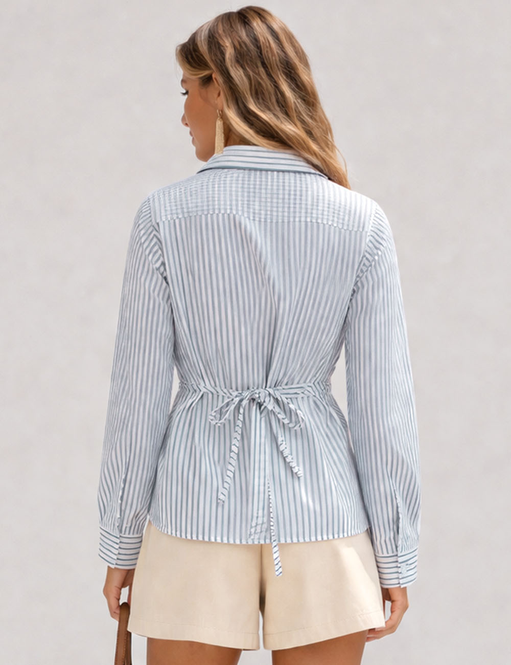 Ladies Striped Wrap V-Neck Tie Waist Long Sleeves Blouse