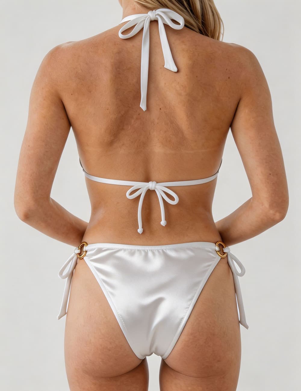 Ladies Solid Color Gold Buckle Halter Neck Triangle Bikini Set